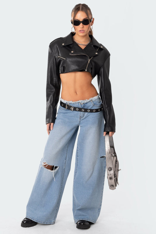 Fiona Cropped Faux Leather Biker Jacket