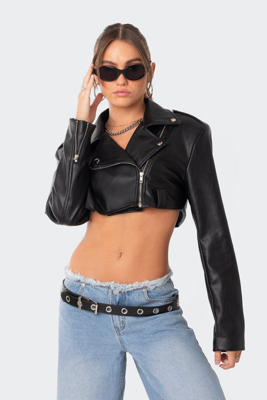 Fiona Cropped Faux Leather Biker Jacket