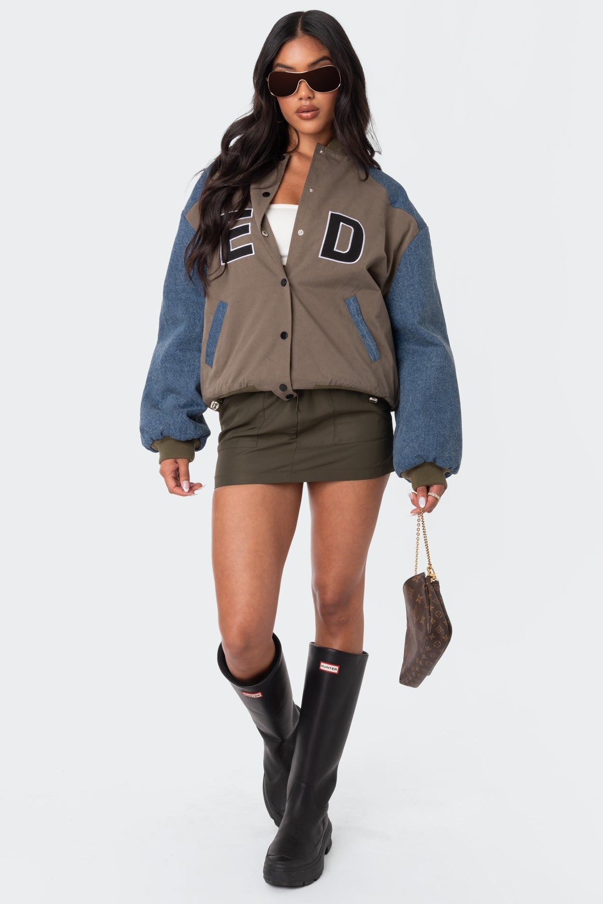 Oversized Denim Sleeves Bomber Jacket