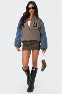 Oversized Denim Sleeves Bomber Jacket