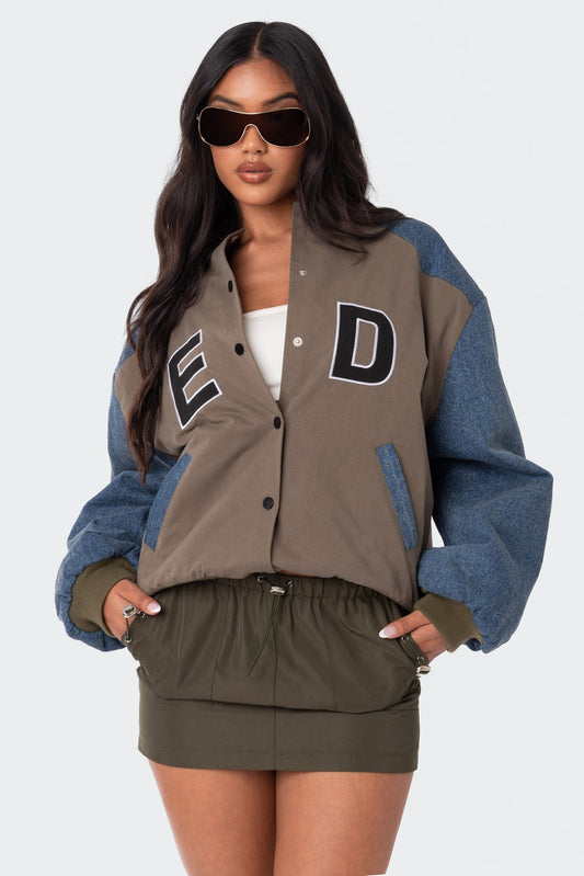 Oversized Denim Sleeves Bomber Jacket