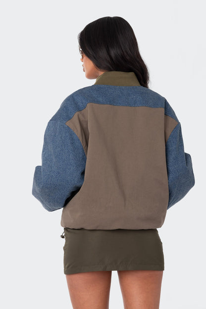 Oversized Denim Sleeves Bomber Jacket