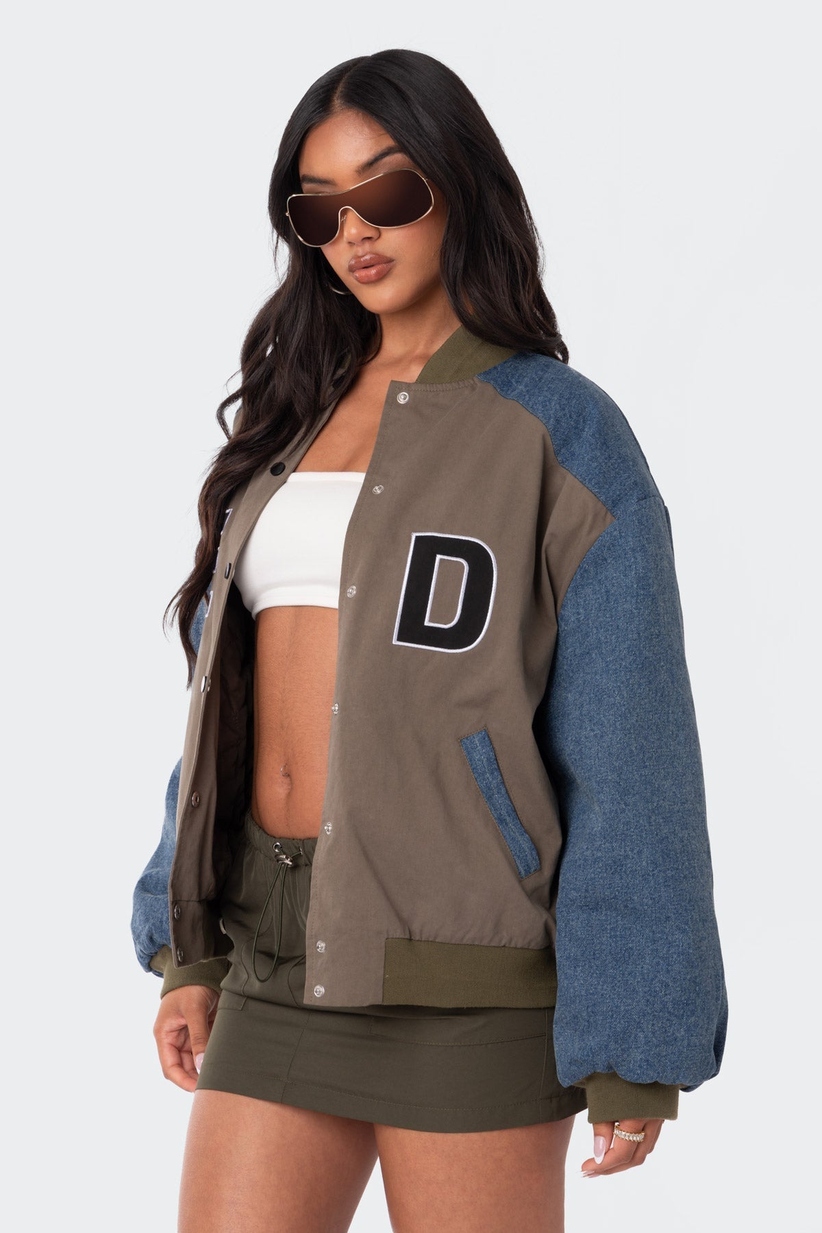 Oversized Denim Sleeves Bomber Jacket
