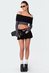 Washed Denim Pleated Micro Skort