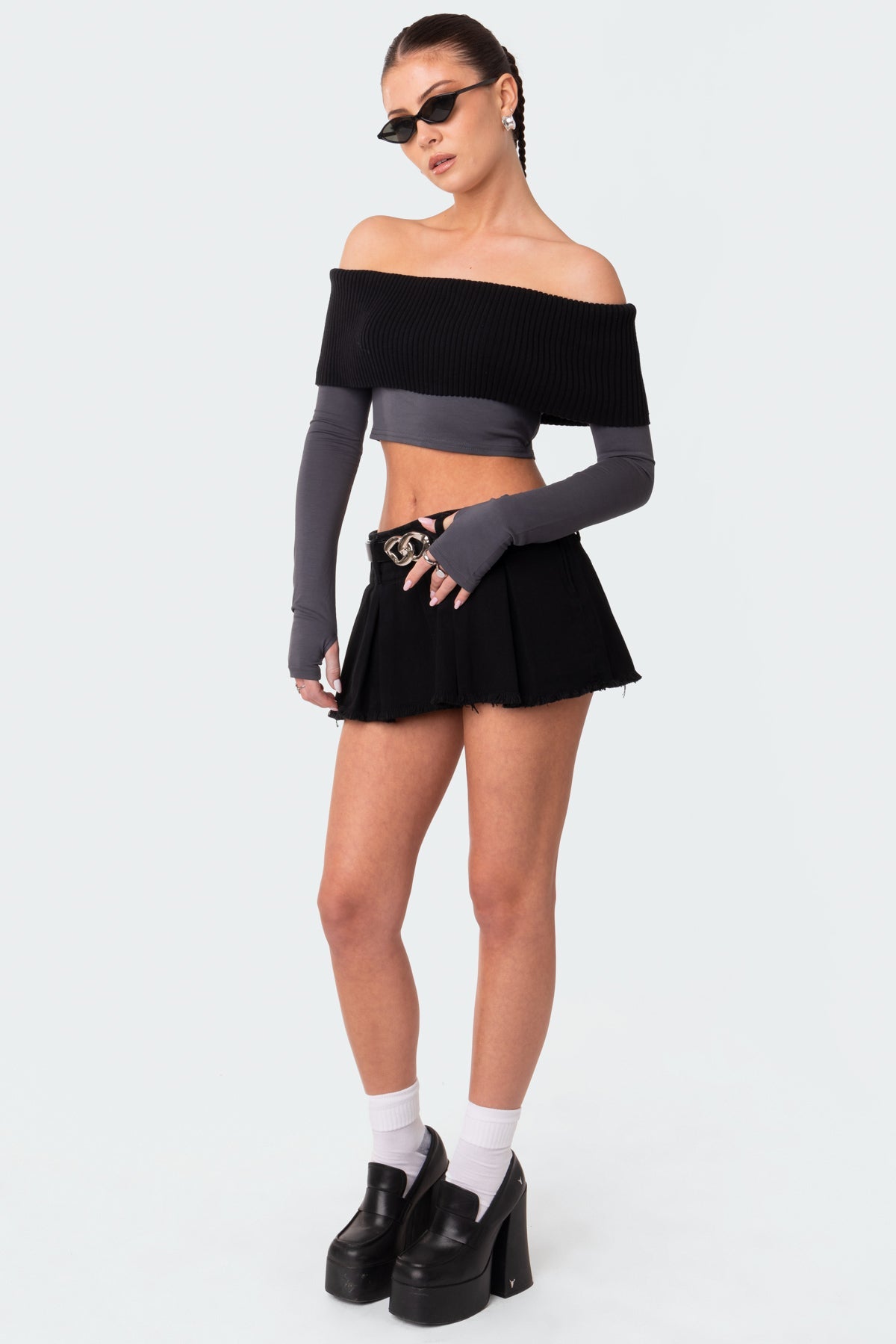Washed Denim Pleated Micro Skort
