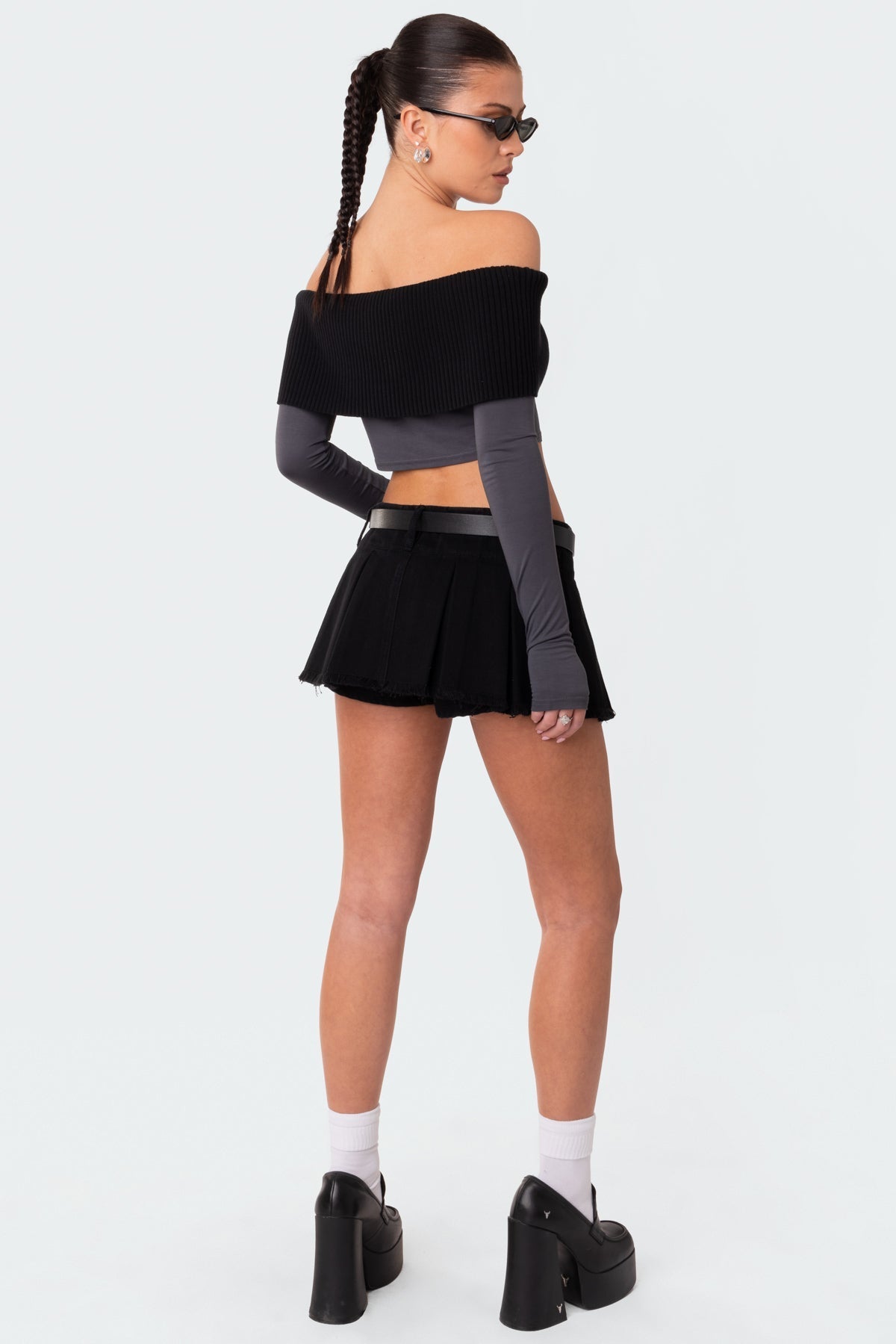 Washed Denim Pleated Micro Skort