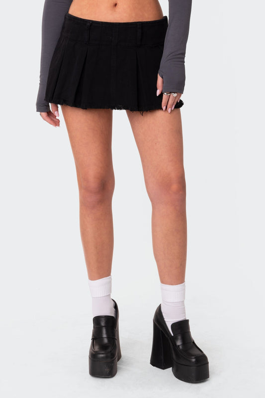Washed Denim Pleated Micro Skort