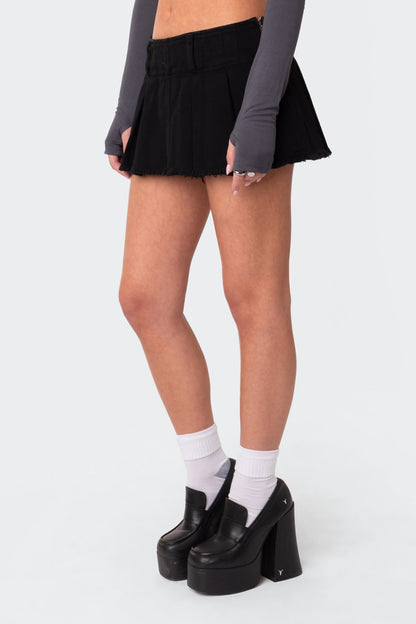 Washed Denim Pleated Micro Skort