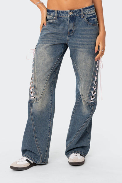 Low Rise Ribbon Lace Up Jeans