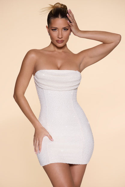 The Embellished Strapless Cowl Neck Mini Dress in Ivory
