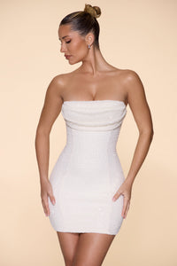 The Embellished Strapless Cowl Neck Mini Dress in Ivory