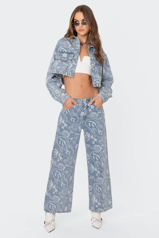 Malia Printed Denim Cropped Jacket