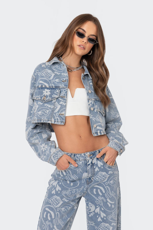 Malia Printed Denim Cropped Jacket