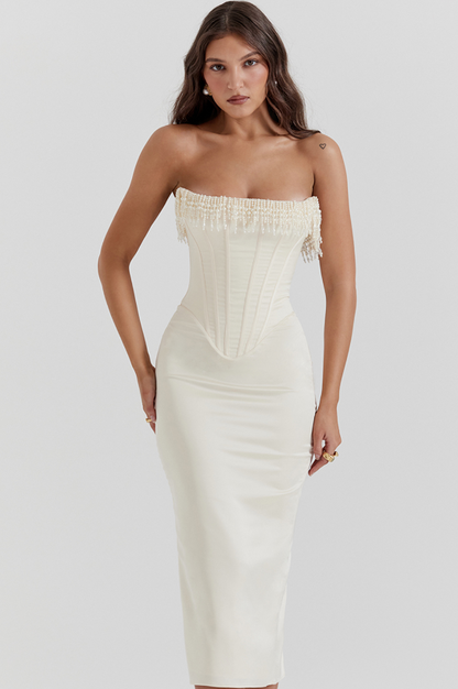 NALITA VINTAGE CREAM EMBELLISHED STRAPLESS DRESS
