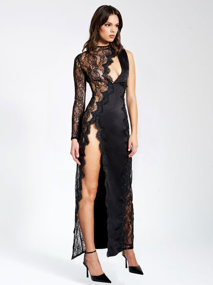 Weslyn Black Satin Lace High Slit Dress