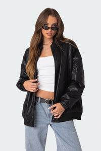 Faux Leather Oversized Bomber Jacket