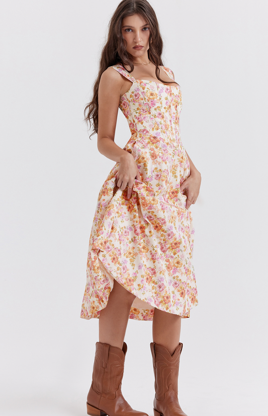 SAIRA IVORY FLORAL MIDI SUNDRESS