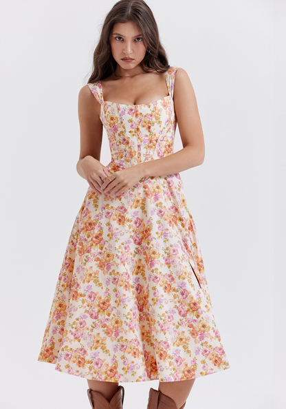 SAIRA IVORY FLORAL MIDI SUNDRESS