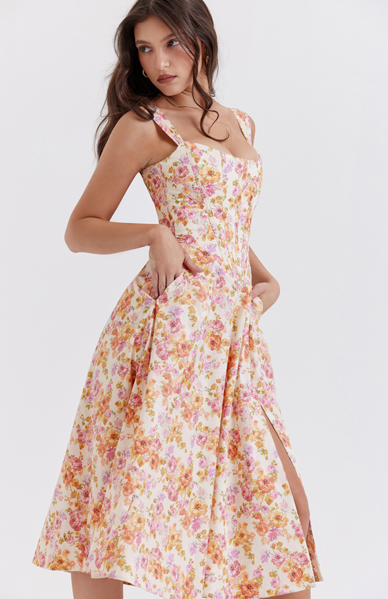 SAIRA IVORY FLORAL MIDI SUNDRESS