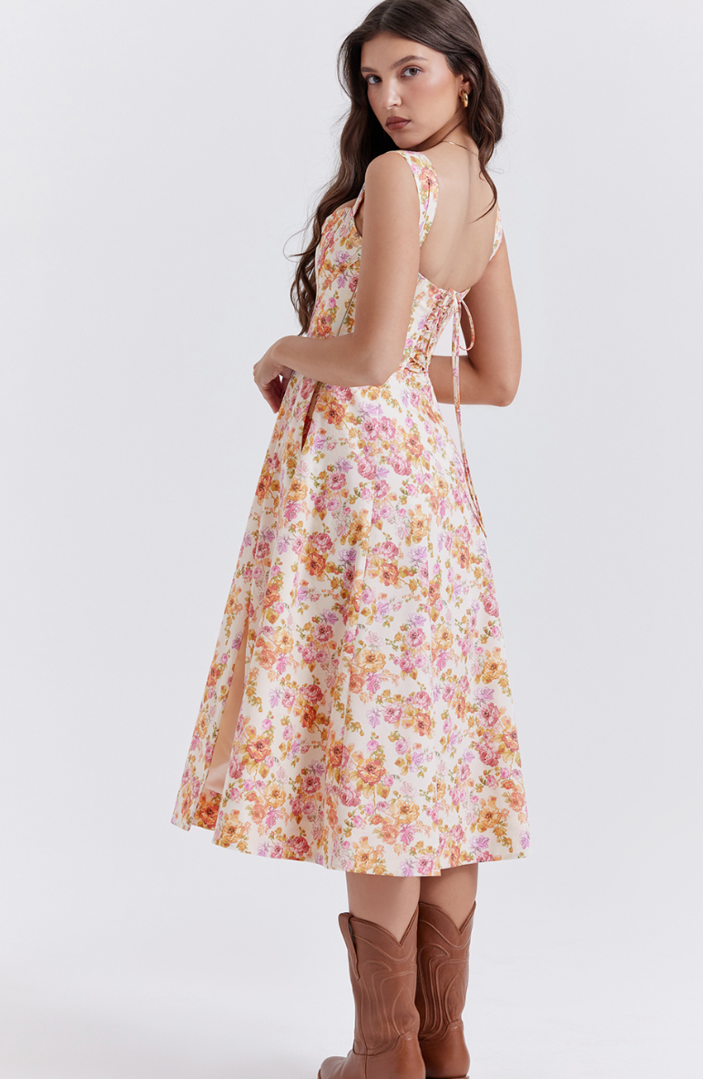 SAIRA IVORY FLORAL MIDI SUNDRESS