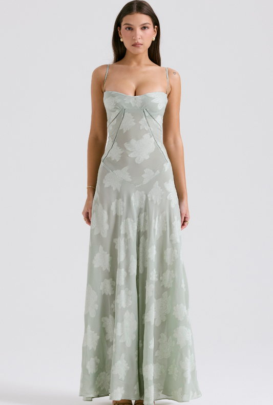 PISTACHIO FLORAL LACE BACK MAXI DRESS