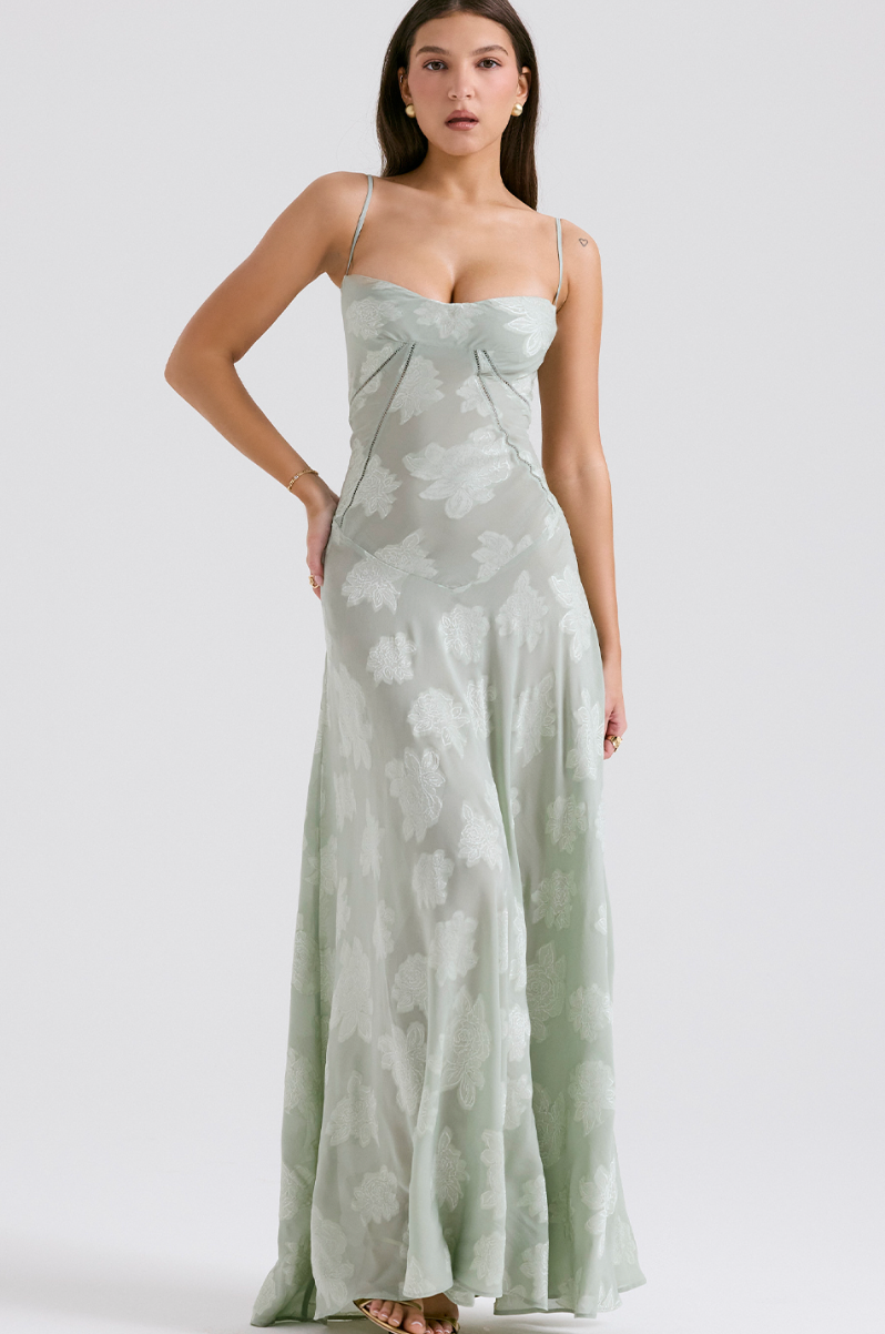 PISTACHIO FLORAL LACE BACK MAXI DRESS