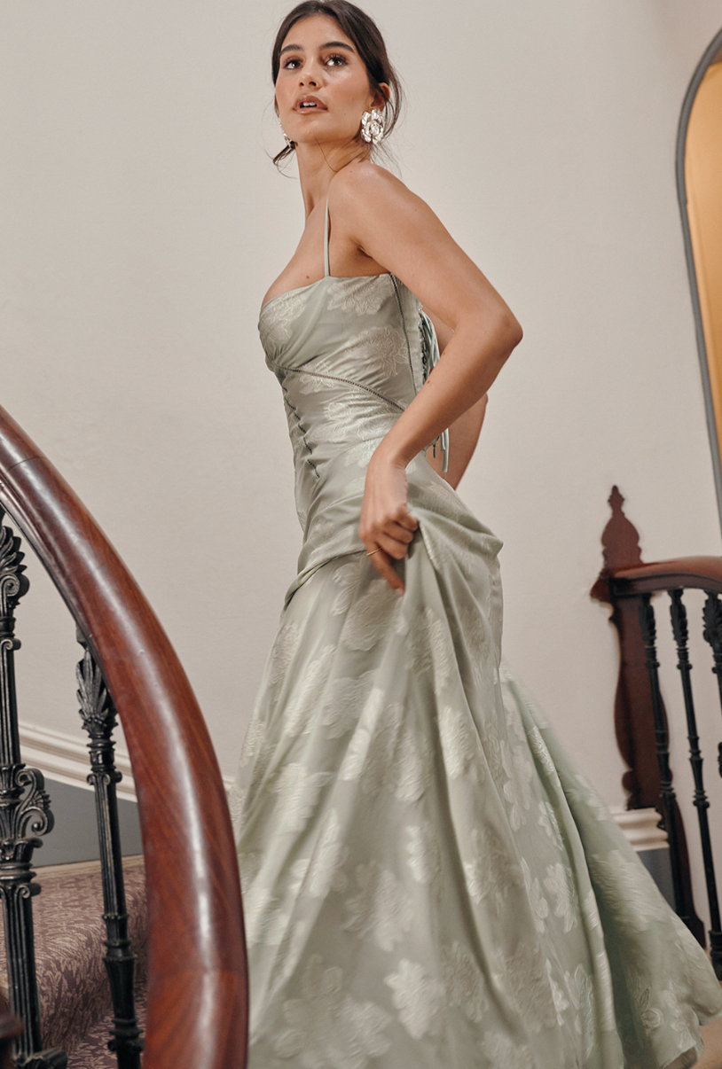 PISTACHIO FLORAL LACE BACK MAXI DRESS