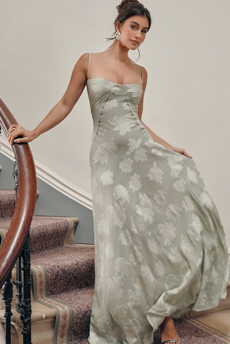 PISTACHIO FLORAL LACE BACK MAXI DRESS