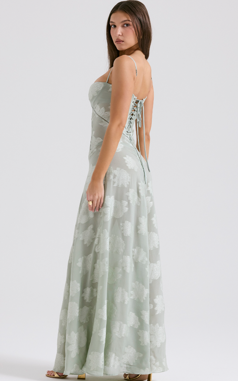 PISTACHIO FLORAL LACE BACK MAXI DRESS
