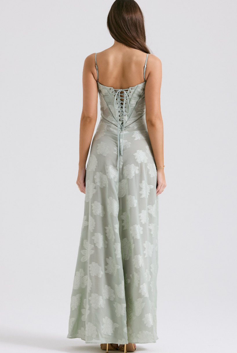 PISTACHIO FLORAL LACE BACK MAXI DRESS