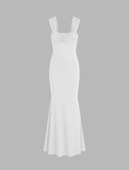 SOLID RUCHED U-NECKLINE RUFFLE MAXI DRESS