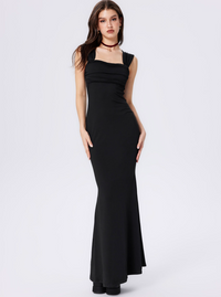 SOLID RUCHED U-NECKLINE RUFFLE MAXI DRESS