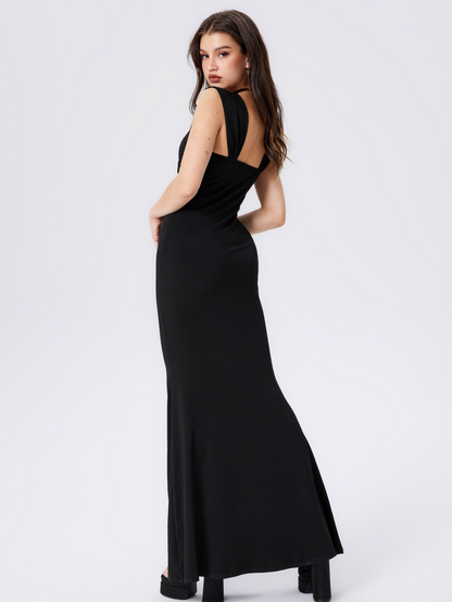 SOLID RUCHED U-NECKLINE RUFFLE MAXI DRESS