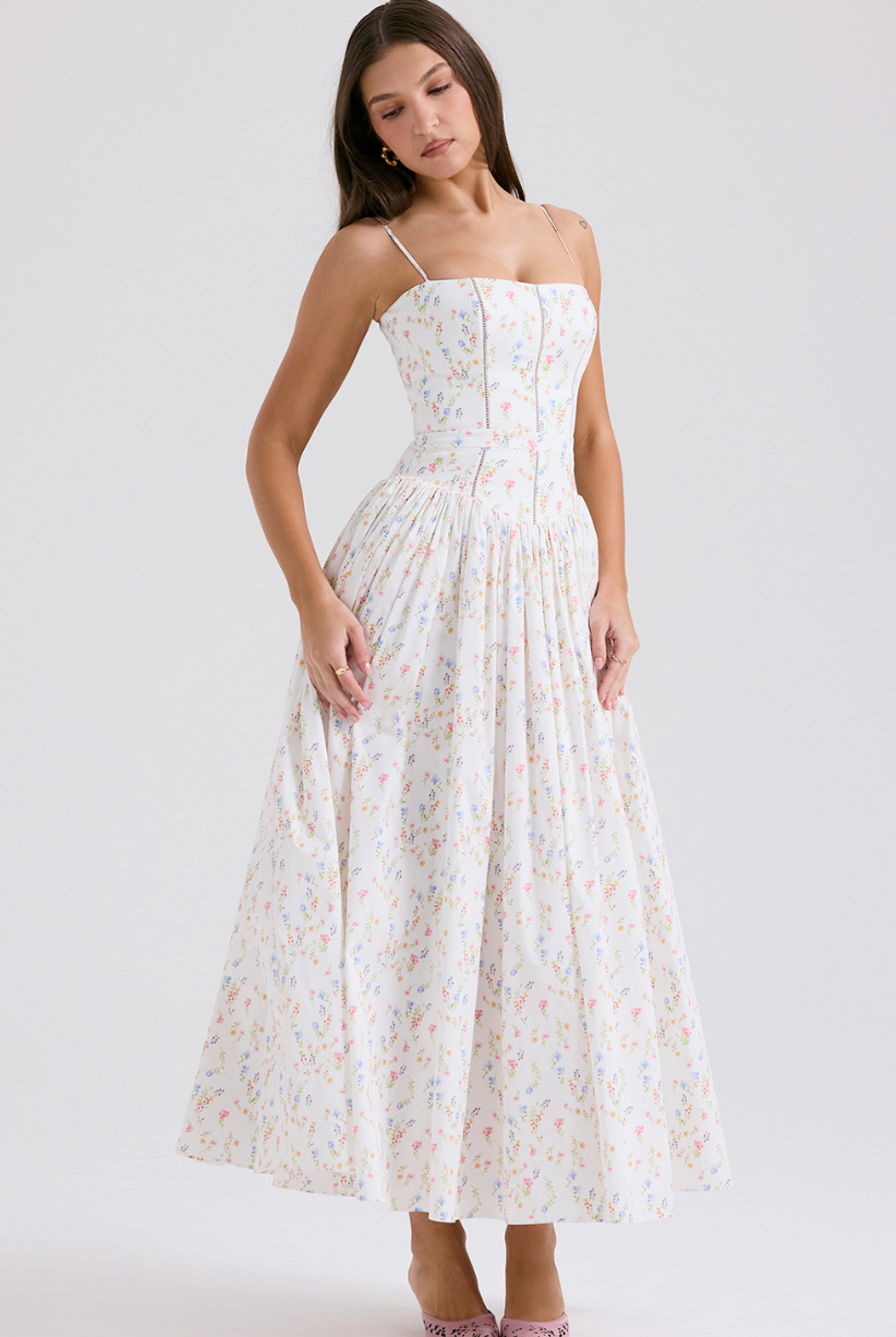 WHITE POSY PRINT COTTON MAXI SUNDRESS