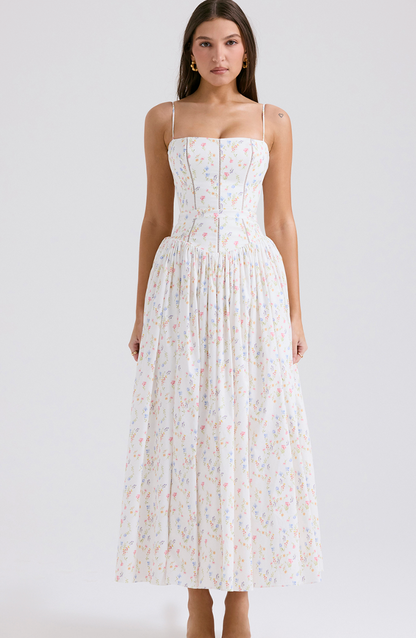 WHITE POSY PRINT COTTON MAXI SUNDRESS