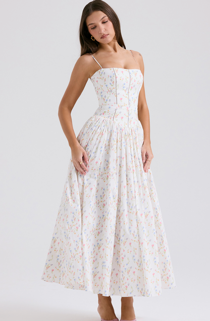 WHITE POSY PRINT COTTON MAXI SUNDRESS