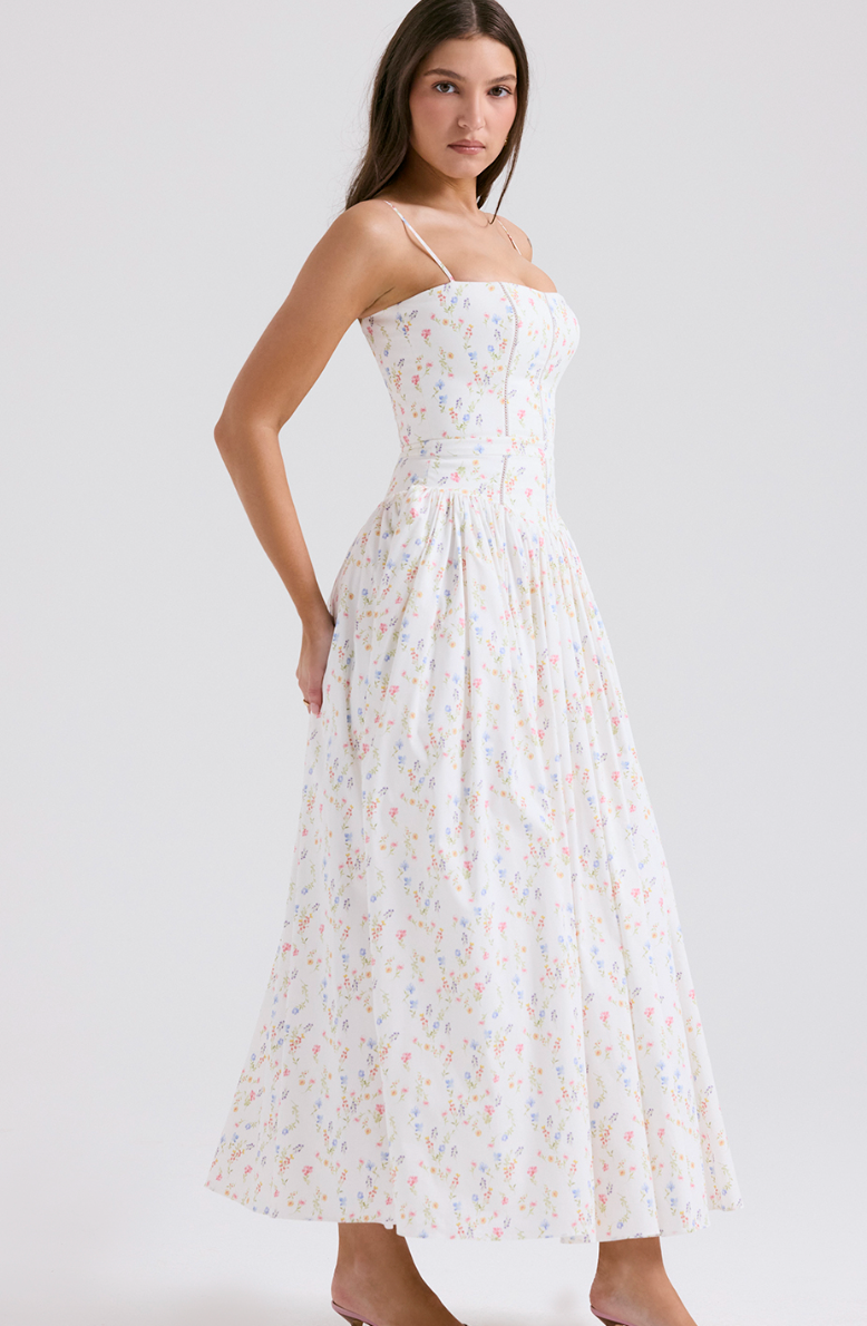 WHITE POSY PRINT COTTON MAXI SUNDRESS