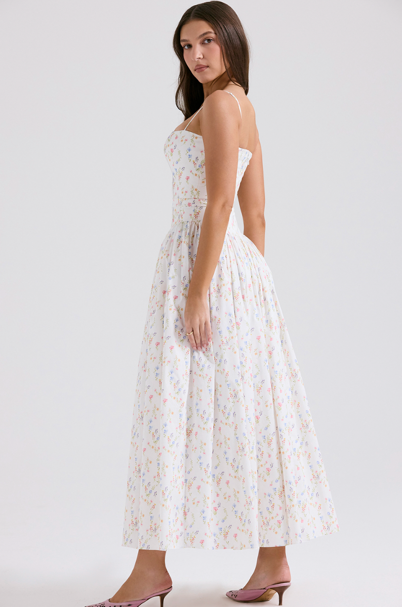 WHITE POSY PRINT COTTON MAXI SUNDRESS