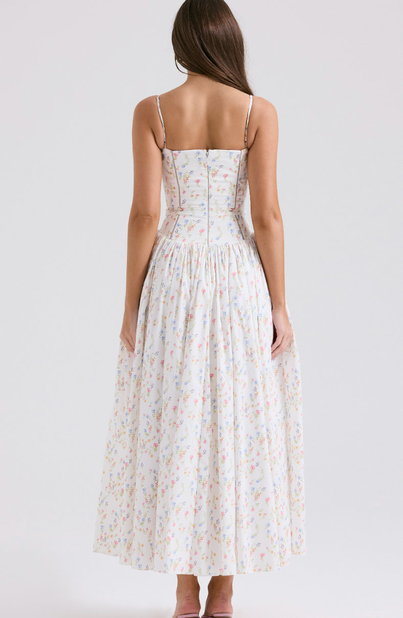 WHITE POSY PRINT COTTON MAXI SUNDRESS