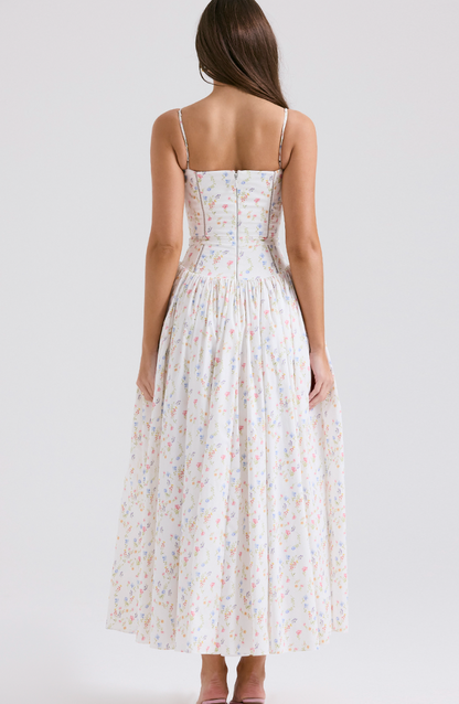WHITE POSY PRINT COTTON MAXI SUNDRESS