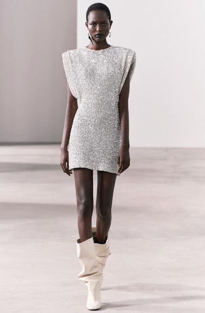 SHOULDER PADS SEQUIN DRESS