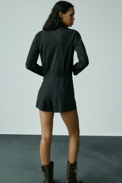 PINSTRIPED JUMPSUIT WITH NECKTIE