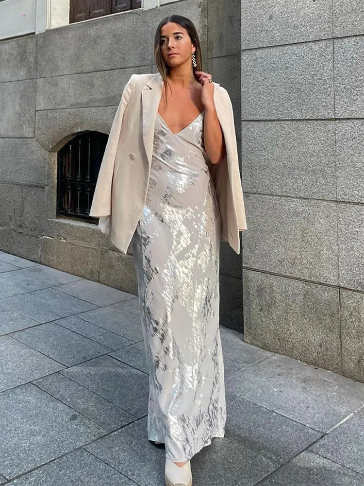 Sandy Backless Gilter Printed Dress Maxi Camisole Dress