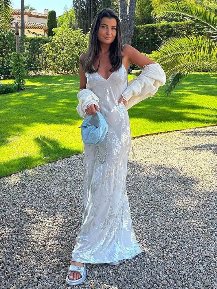 Sandy Backless Gilter Printed Dress Maxi Camisole Dress