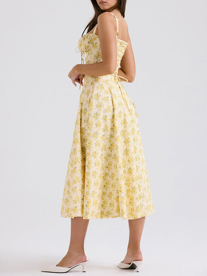 Sweetheart Neckline Flower Print Slit Maxi Dress