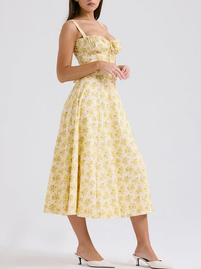 Sweetheart Neckline Flower Print Slit Maxi Dress