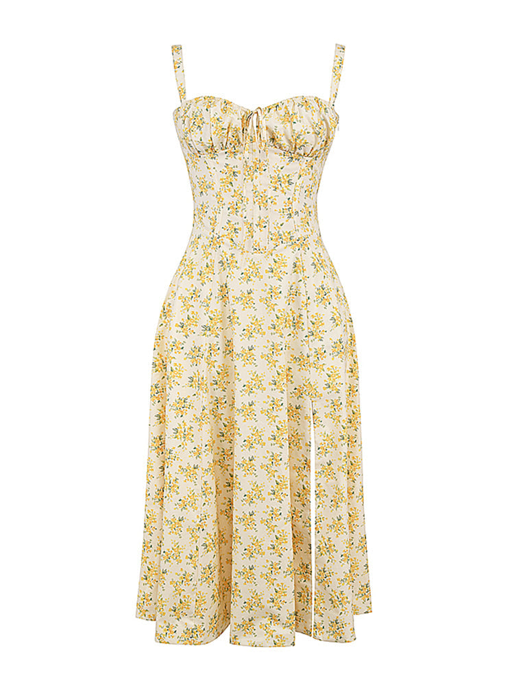 Sweetheart Neckline Flower Print Slit Maxi Dress