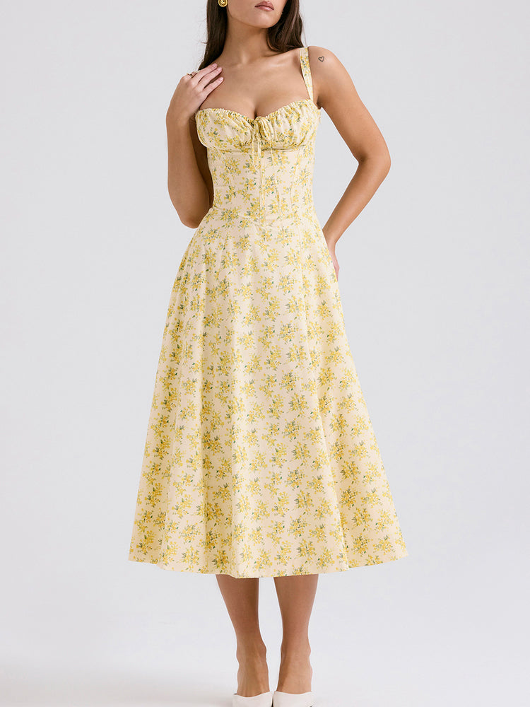 Sweetheart Neckline Flower Print Slit Maxi Dress