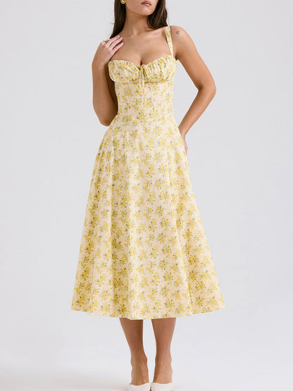Sweetheart Neckline Flower Print Slit Maxi Dress