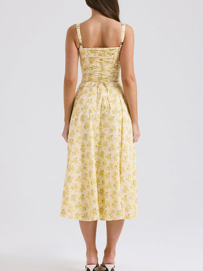 Sweetheart Neckline Flower Print Slit Maxi Dress